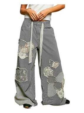 POL - Striped Wide-Leg Patchwork Pants - Black & White